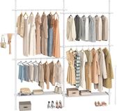 SONGMICS Kledingrek aan het plafond, 3-traps garderobe, in hoogte en breedte verstelbaar, open kledingkast met afneembare planken, garderobe, grijparm, mat wit