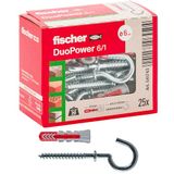 Fischer 25 stuks Duopower pluggen met open oog, 6 x 30 mm universeel, voor massieve muur, geperforeerde baksteen, gipsplaat, 541743
