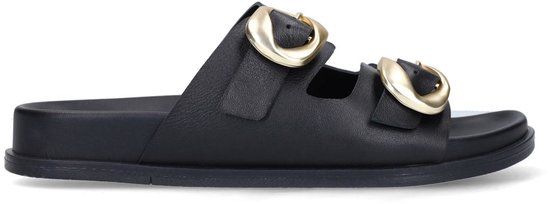 Manfield - Dames - Zwarte leren plateau sandalen met gesp - Maat 39