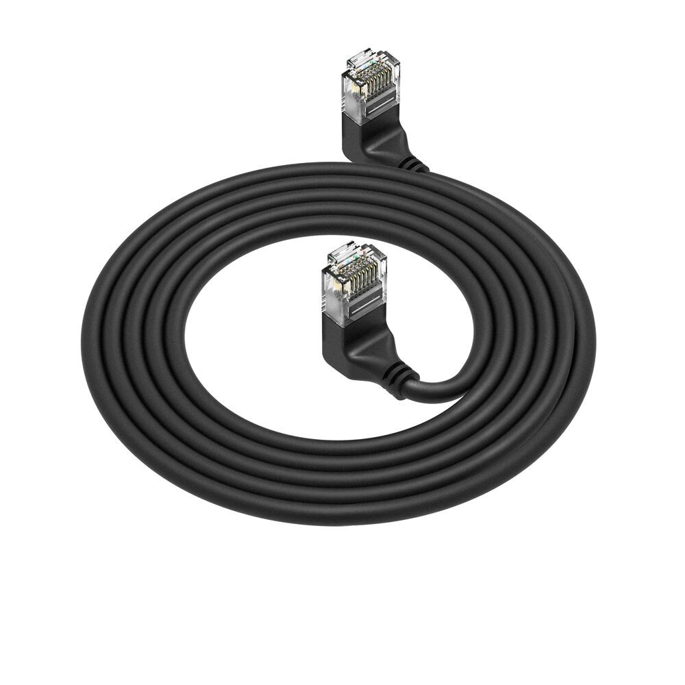 ACT Zwarte 2 meter U/UTP CAT6A LSZH Slimline patchkabel met RJ45 connectoren 90° haaks boven naar 90° haaks boven
