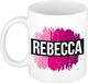 Bellatio Decorations Rebecca naam cadeau koffie mok - beker - met roze verfstrepen - Cadeau collega - moederdag - verjaardag - juf - coach - 300 ml - wit