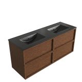 Saniclass Holz Frame Badkamermeubelset - 140x45x62cm - Vygo keramische wastafel zwart - 2 wasbakken - zonder kraangaten - 4 lades - mat walnut pure (hout) SW1578618/SW773934