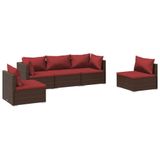 vidaXL 5-delige Loungeset met Kussens, Poly Rattan, Bruin
