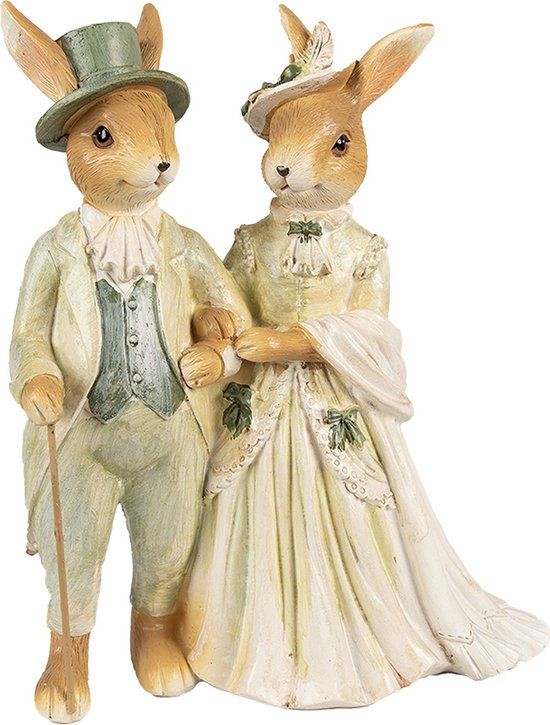 Clayre & Eef Beeld Konijn - 21 cm - Bruin/Groen - Polyresin