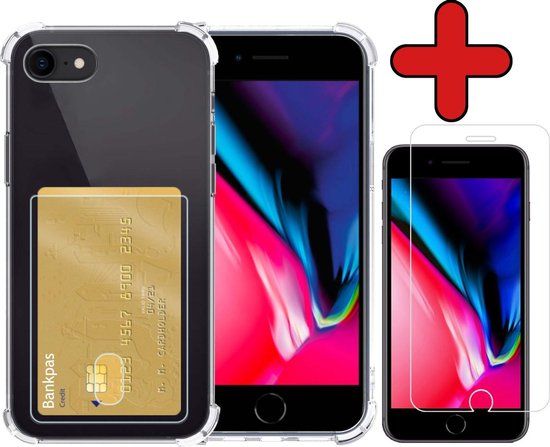 BTH iPhone 7/8/SE 2020 Case with Card Holder - Silicone - Transparent - with Screen Protector