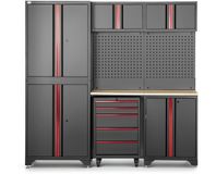 Merkloos / Sans marque HBM Modulair Werkplaatssysteem 6-Delig – Model A – Zwart/Rood – Inclusief Hoge Kast, Verrijdbare Gereedschapswagen & Werkblad