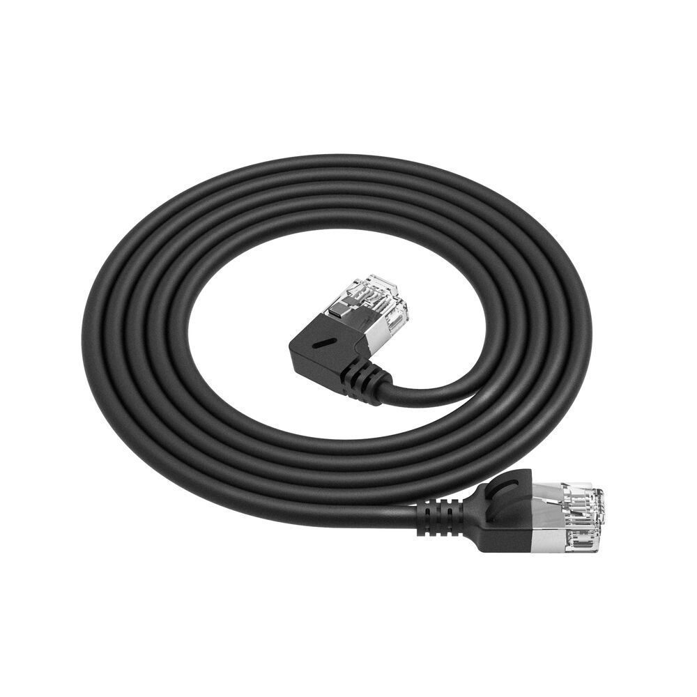 ACT Zwarte 2 m U/FTP CAT6A LSZH Slimline patchkabel met RJ45 connectoren recht naar 90° haaks links