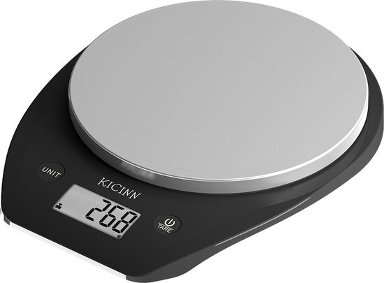 Kicinn Digitale Precisie keukenweegschaal - Weegschaal keuken - 1gr tot 5kg - Tarra Functie - Inclusief Batterijen - RVS/Zwart