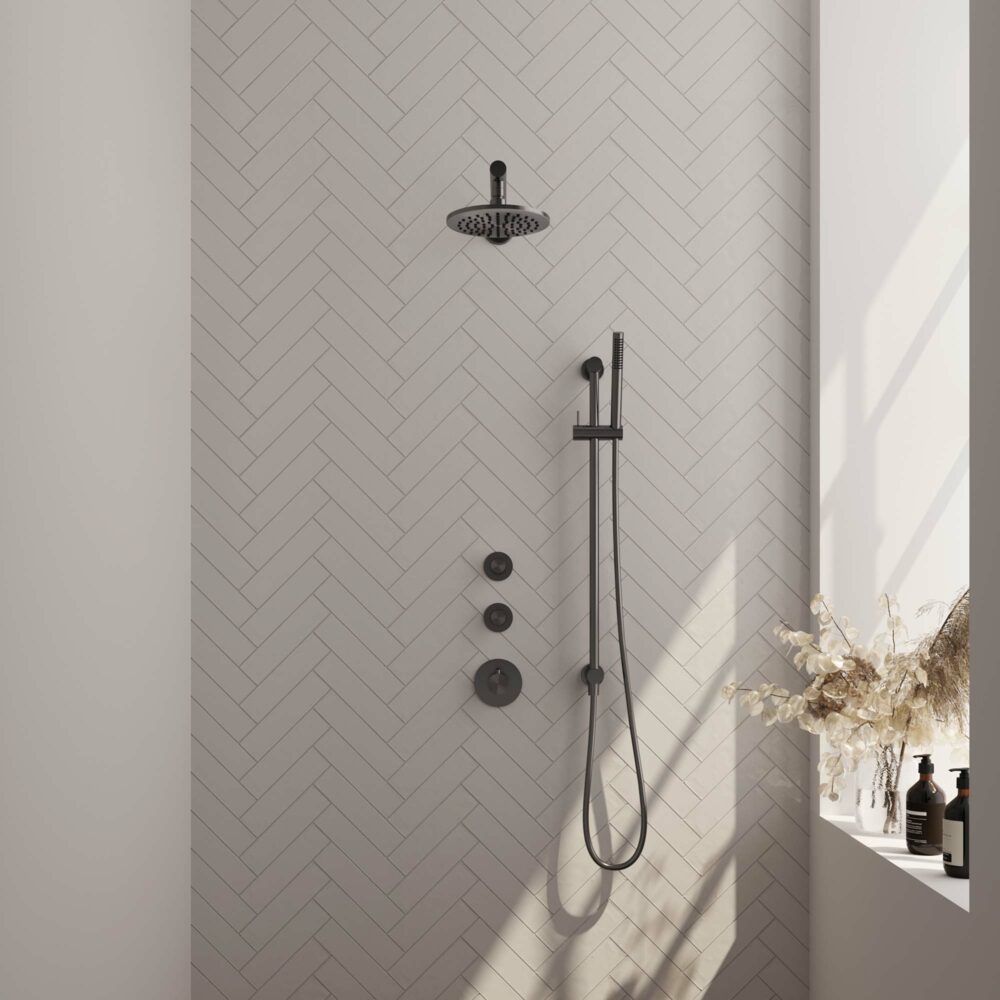 Brauer Gunmetal Edition thermostatische inbouw regendoucheset 40cm rechte wandarm met 20cm ronde hoofddouche 1 stand staafhanddouche 150cm gladde doucheslang met glijstang en handdouchehouder Gunmetal geborsteld PVD 5-GM-032