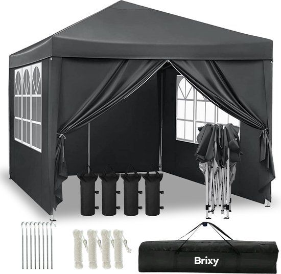 Brixy Partytent - Opvouwbaar - Easy Up - 3x3m - Waterdicht - Paviljoen Met Zijwanden - Incl. Draagtas - Antraciet