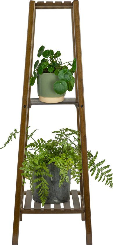 QUVIO Plantenrek - Plantentafel - Plantenstandaard - Plantentafeltje voor binnen - Plantenzuil - Bloementrap - Bloemenrek - Opbergrek - 3 Etages - 38 x 38 x 109 cm - Bamboe - Bruin