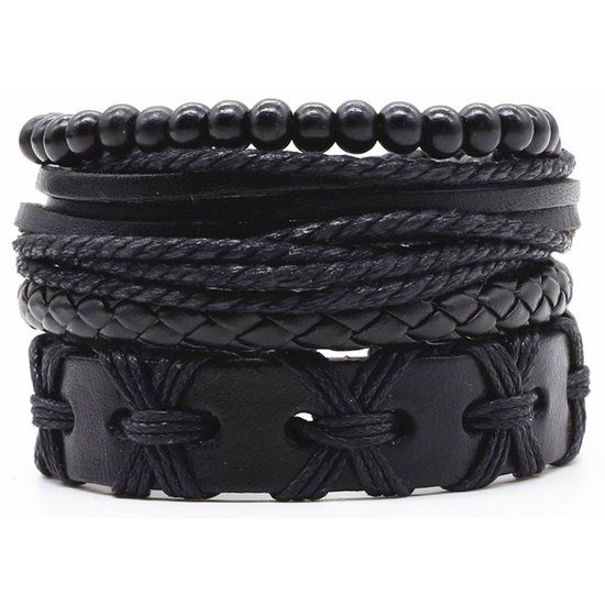 LGT JWLS Leren armbanden set met houten kralen zwart