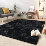 TT Home Vloerkleed Woonkamer Hoogpolig Langpolig Zacht Soft Modern Eenkleurig Design, Kleur: Zwart, Maat:140x200 cm