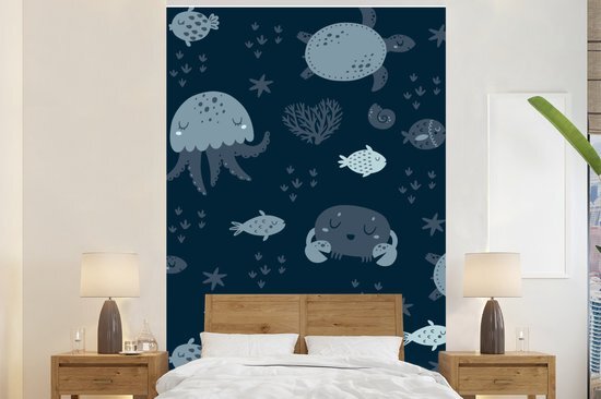 Nr1Wallpaper Behang - Fotobehang Kinderillustratie met een patroon van zeedieren - Breedte 200 cm x hoogte 300 cm