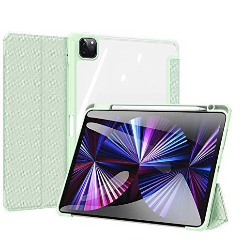 YuanLu Hoesje voor iPad Pro (12,9 inch) 5e/4e/3e generatie (2021, 2020 & 2018-modellen), Transparante achterkant shell schokbestendige hoes met ingebouwde potloodhouder, automatische wake/slaapfunctie -Gree