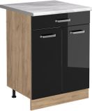 Vicco Keukenonderkast R-Line, Zwart hoogglans/Goudkleurig Eiken, 60 cm met lade marmer werkblad