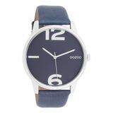 OOZOO Timepieces - Zilverkleurige horloge met avond blauwe leren band - C10372