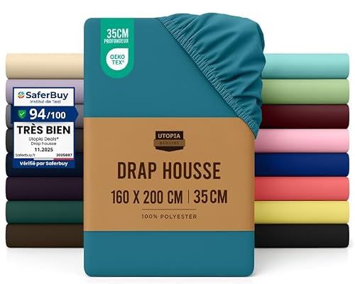 Utopia Bedding, Hoeslaken met elastische hoeken voor tweepersoonsbed, van geborstelde polyester-microvezel, 160 x 200 cm, spijkerblauw