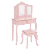 Atmosphera Kaptafel met Krukje - Make Up - Spiegels - Roze - Lade - Gouden Afwerking