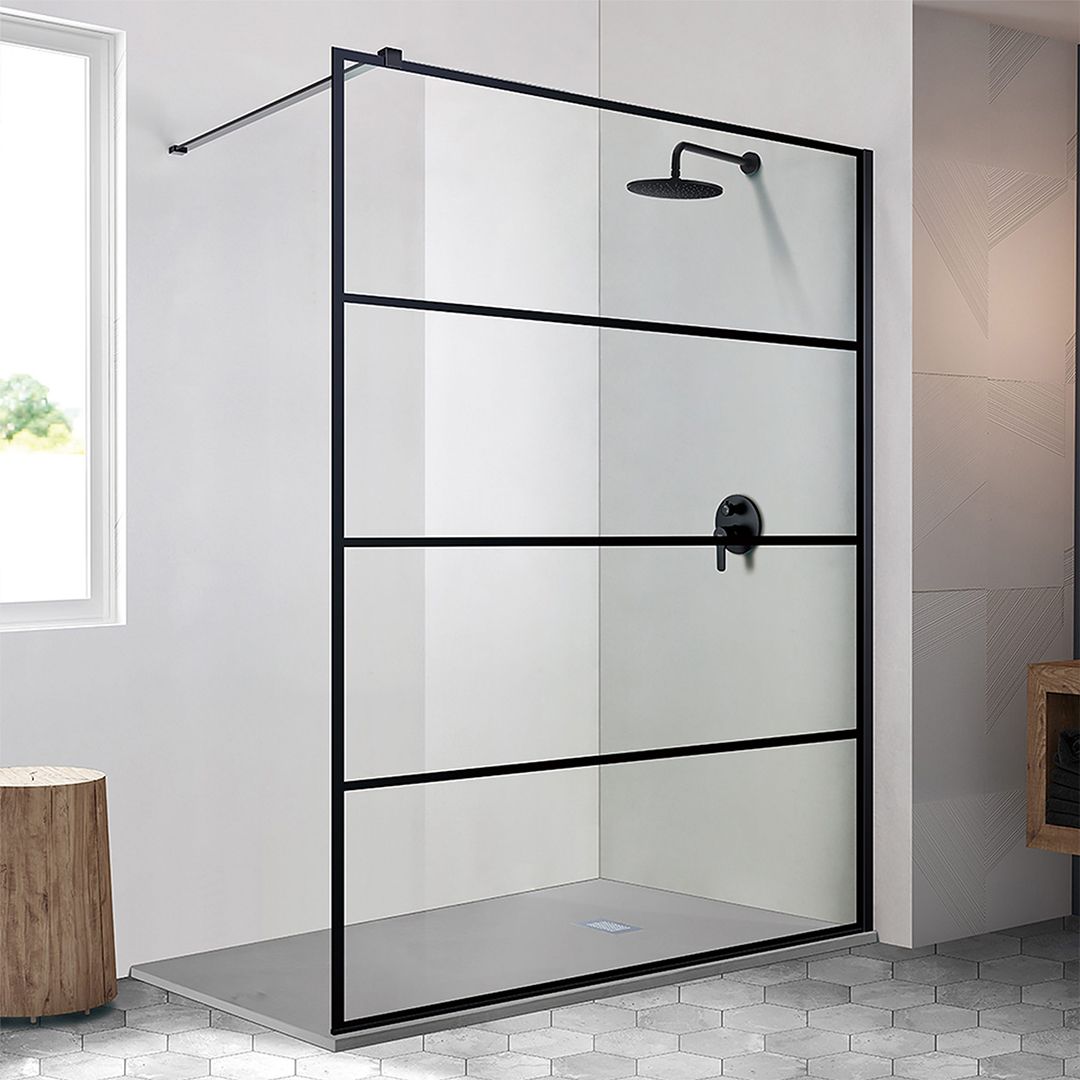 Badkamerplanet Douchewand Inloopdouche Aqua Crystal 90x200cm Antikalk Helderglas Mat Zwart Raster 8 mm Veiligheidsglas Easy Clean