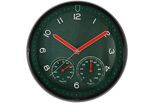 MPM Quality Design kunststof wandklok, groen, kwarts-stappenmotor, hygrometer, thermometer, temperatuur- en vochtigheidsweergave, originele wijzerplaat, E01.3084.40, diameter 314 x 45 mm