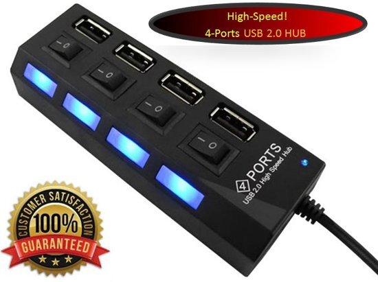 Mmobiel High Speed 4 Ports 2.0 USB hub Multi oplaadadapter met aan/uit knop en led verlichting. Super snelle multi oplader