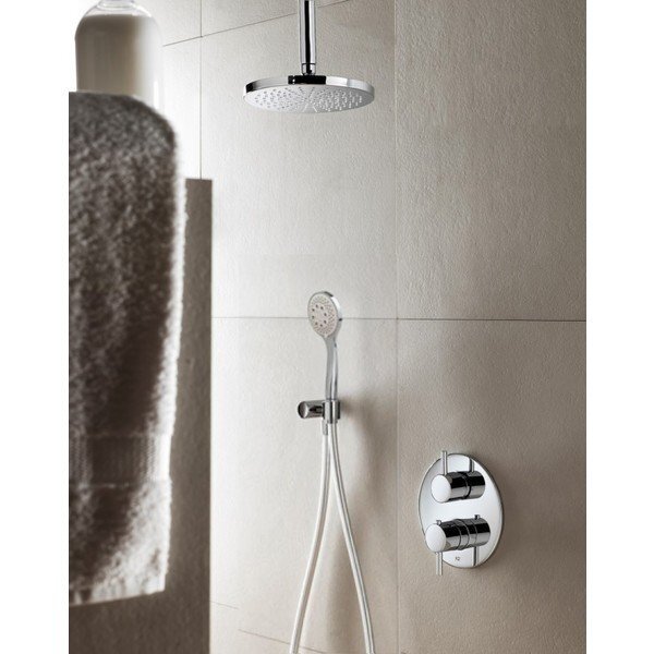 hotbath IBS 1A complete thermostatische douche inbouwset Buddy met 2 weg stop omstel geborsteld nikkel 3 standen handdouche met plafondbuis 15cm diameter douchekop 20cm IBS1AGN-3s-P15-20cm