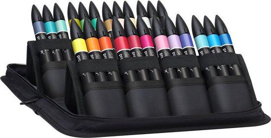 Winsor & Newton Promarker Arts and Illustration 24+1 Set - Cool Grey, Black, Lemon, Saffron, Pumpkin, Bright Orange, Putty, Red, Crimson, Rose Pink, Hot Pink, Orchid, Violet, Midnight Blue, True Blue, Cyan, Duck Egg, Turquoise, Green, Soft Green, Grass, Moss, Cocoa