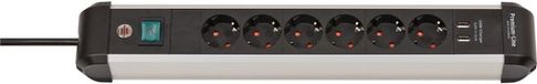 Brennenstuhl Premium-Alu-Line stekkerdoos met USB - 6-voudig - zwart/zilver