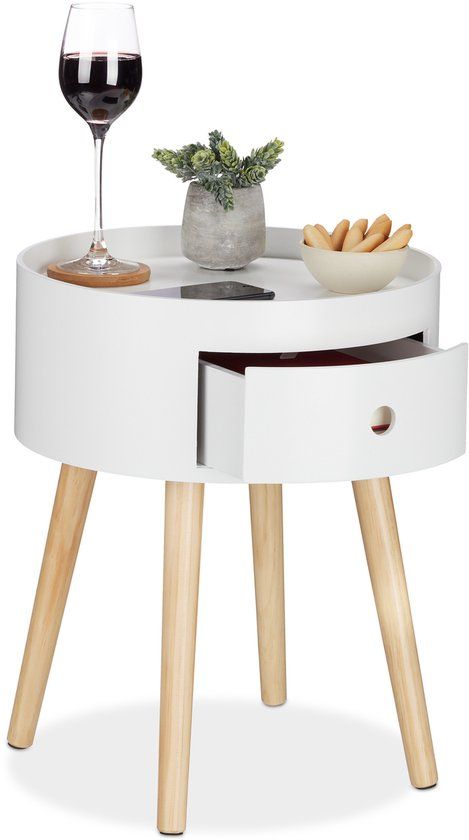 Merkloos Relaxdays Bijzettafel rond - lade - houten poten - Scandinavisch design - wit/natuur
