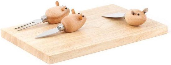 Kikkerland Kaasplankje met 3 Muizen Mesjes - Bruin - Hout/RVS
