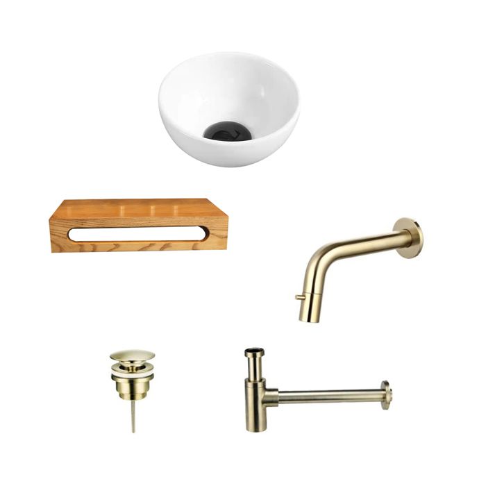Keramische Waskom Wit Rond met Massief Houten Planchet - Goud 40x22x8 cm