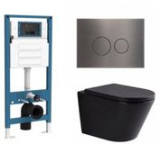 QeramiQ Dely Toiletset - inbouwreservoir Qeramiq Flush - 35mm zitting - metaal gunmetal bedieningsplaat - ronde knoppen - mat zwart