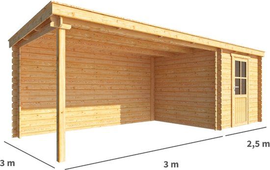 Merkloos Blokhut met overkapping Els 550 cm bij 300 cm diep Lessenaarsdak bruin