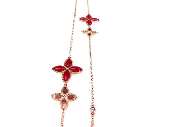 Zilveren Collier met Rode Steen - 90 cm - Goud Verguld