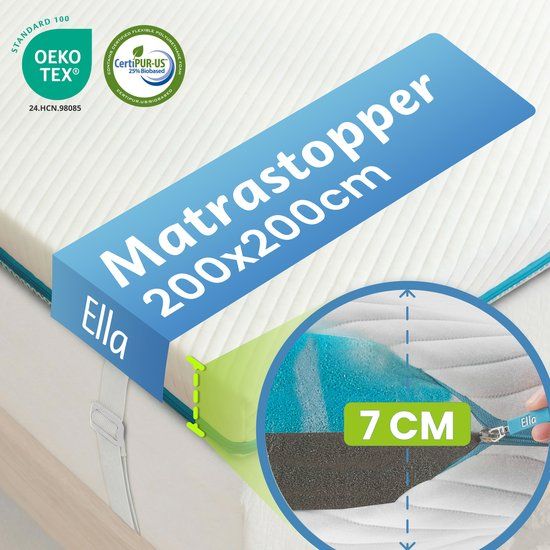 Ella Topper Matras 200x200 cm - 7CM Topdekmatras - Matrastopper Gel Infused Traagschuim & Aircell-schuim - Medium Hardheid