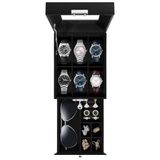 Uten Watch Box 6 vakken, 2-laags horlogekast met sleutelslot, glazen deksel, horlogebox voor mannen en vrouwen, zwart synthetisch leer, zwarte fluwelen voering, verwijderbare kussens