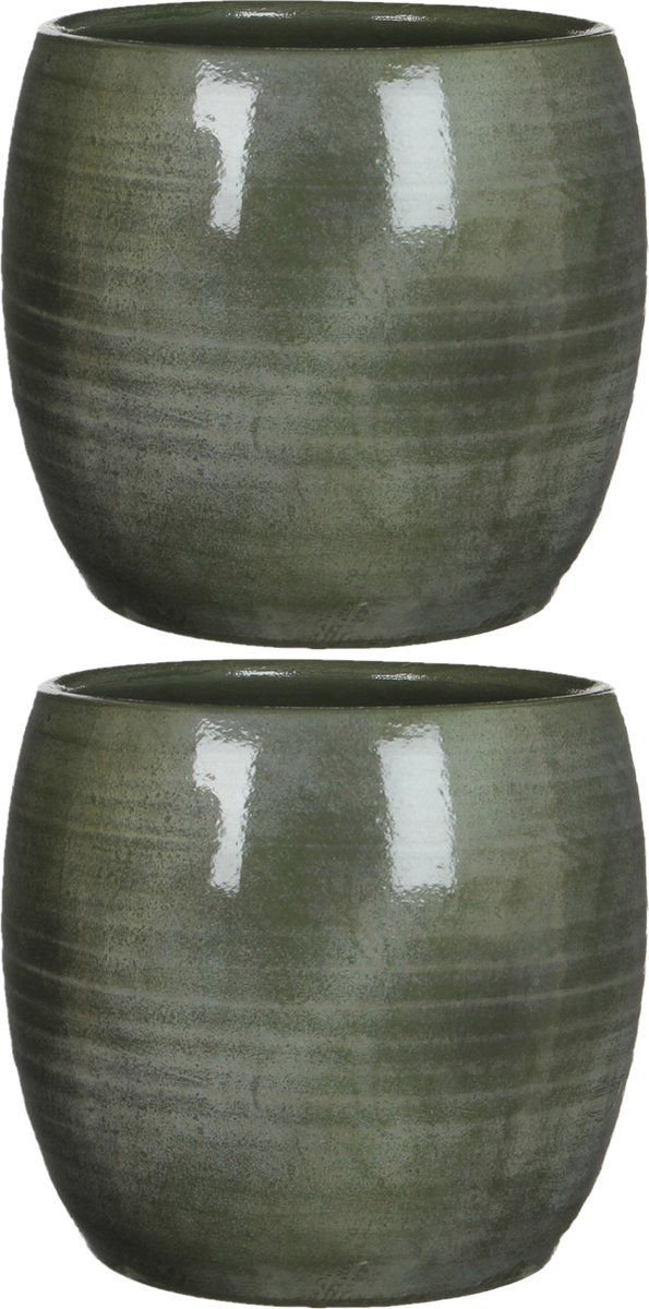 Mica Decorations 2x stuks bloempot glanzend groen keramiek H26 x D28 cm