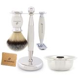 Jag Shaving Scheerset - Ivoor scheerset - Scheerset voor mannen en vrouwen - Synthetische scheerkwast - Dubbelzijdig veiligheidsscheermes - Scheerstandaard - Scheerschaal - Leren etui