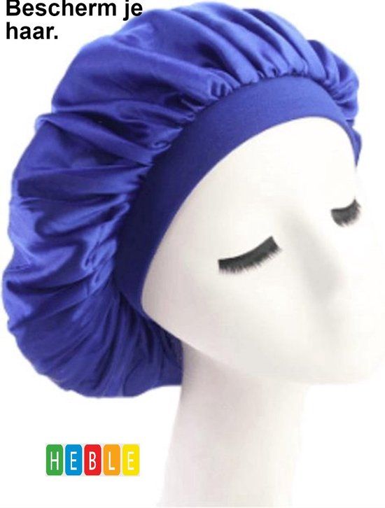 Satijnen Nachtrustmuts - Unisex, Breedgerande, Slaapmuts - Blauw - van Heble®