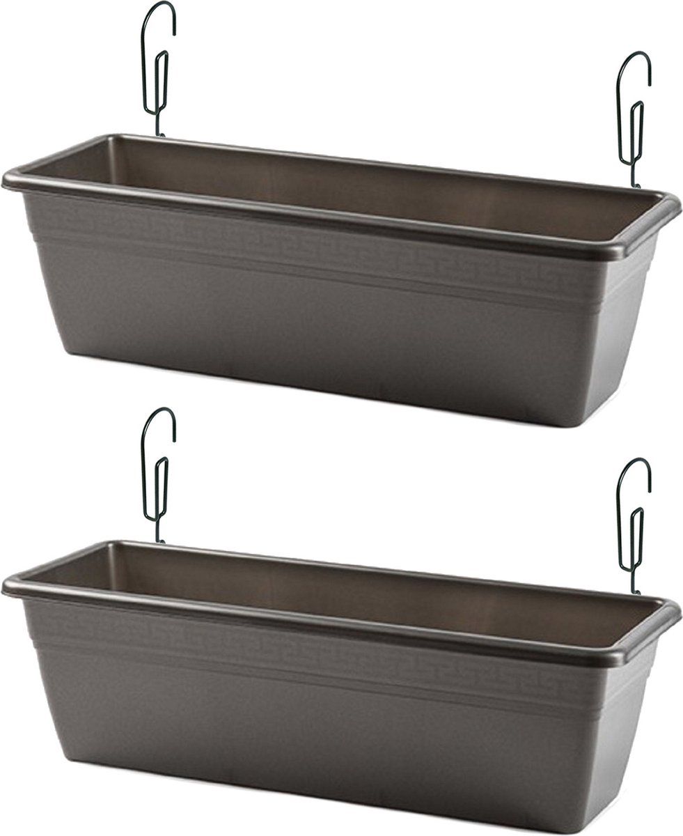 Forte Plastics 2x Plantenbakken antraciet grijs rechthoekig 50 x 17 x 15 cm met beugels