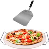 BBQ Collection Pizzasteen BBQ/oven rond keramiek 33 cm met handvaten - Met inklapbare RVS pizzaschep 25 cm
