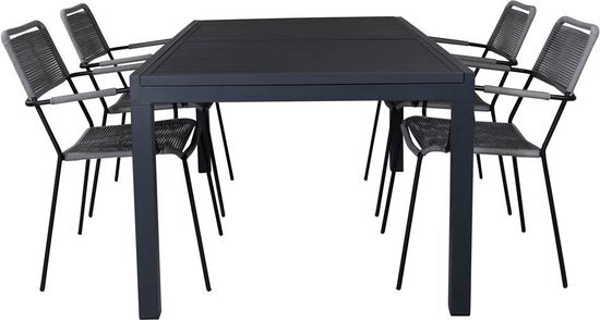 Hioshop Marbella tuinmeubelset tafel 100x160/240cm en 4 stoel armleuning Lindos zwart.