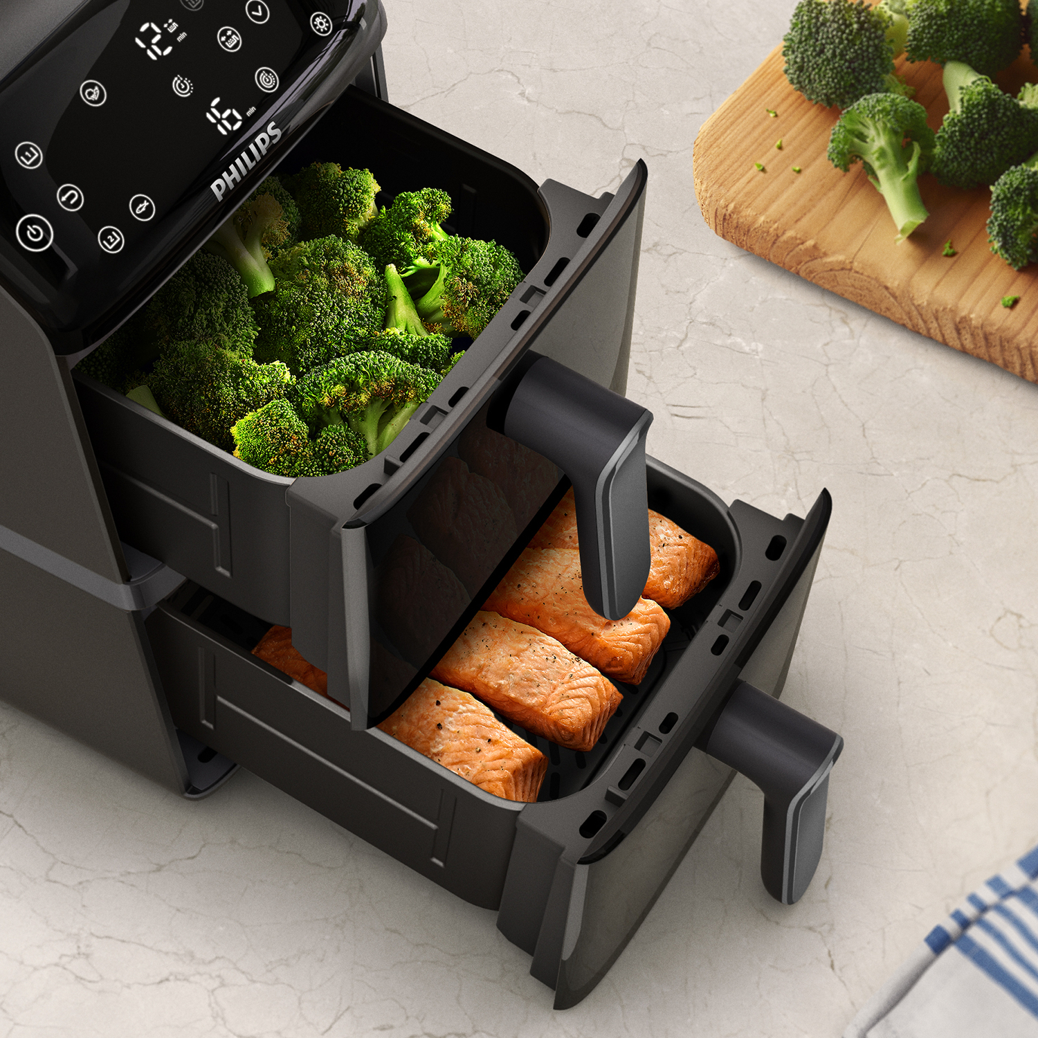 Philips AirFryer Serie 4000 10L VerticalDuo - dubbele mand, RapidAir, gesynchroniseerd koken, 2 maaltijden tegelijk, 45% ruimtebesparing, PFAS-vrije keramische coating, kookramen (NA460/00)