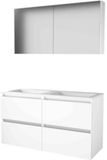 Basic Line Comfort 46 Badkamermeubelset - 120 x 46 cm - Greeploos - 4 Lades - Acryl Wastafel - 2 Kraangaten - Spiegelkast - Ice White