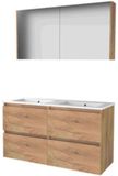 Basic Line Comfort 46 Badkamermeubelset - 120 x 46 cm - Greeploos - 4 Lades - Keramische Wastafel - 2 Kraangaten - Spiegelkast - Whisky Oak