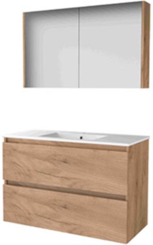 Basic Line Comfort 46 Badkamermeubelset - 100 x 46 cm - Greeploos - 2 Lades - Keramische Wastafel - 1 Kraangat - Spiegelkast - Whisky Oak