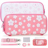 Tscope Leuke Draagbundel Kit Case voor Nintendo Switch Lite, Sweet Sakura Bloemen Draagbare Reizen Protecive Shell Opbergtas, & Glas Screen Protector, Duimgreep Caps voor NS Consolo (Roze/Wit)