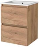 Basic Line Start 46 Badkamermeubelset - 50 x 46 cm - Greeploos - 2 Lades - Keramische Wastafel - 1 Kraangat - Whisky Oak