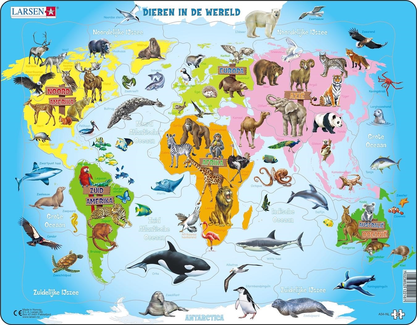 Larsen Maxi Kaart Dieren in de Wereld 28 stukjes